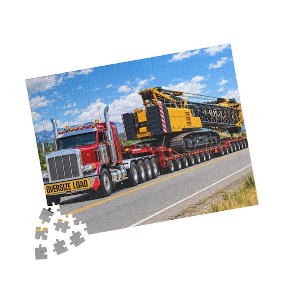 Truck Puzzle, Red Semi Hauling Yellow Crane, 110/252/520 Piece Transport Jigsaw