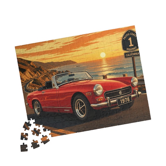Vintage Red Convertible MG Midget on Pacific Coast Highway Jigsaw Puzzle
