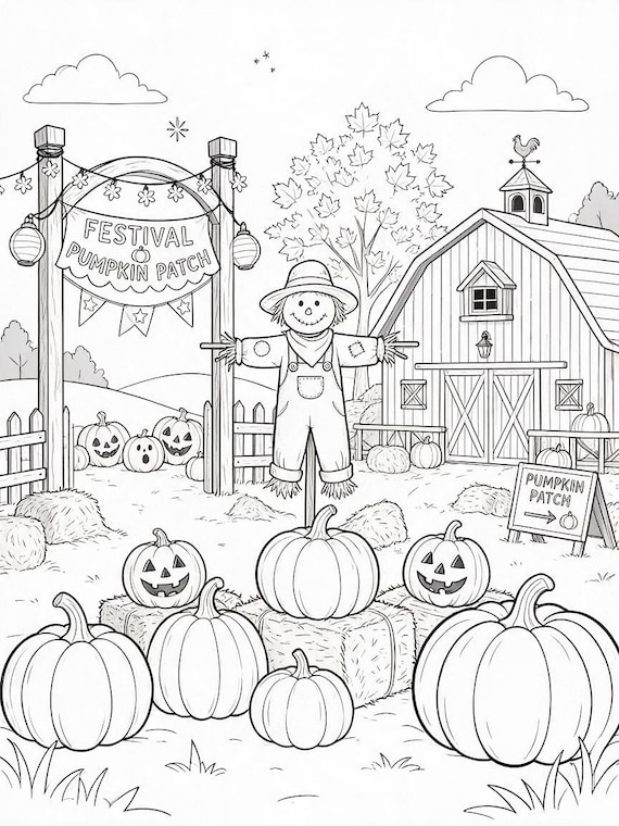 Fall Pumpkin Patch Coloring Page | Autumn Festival Printable for Kids and Adults | Instant Download
