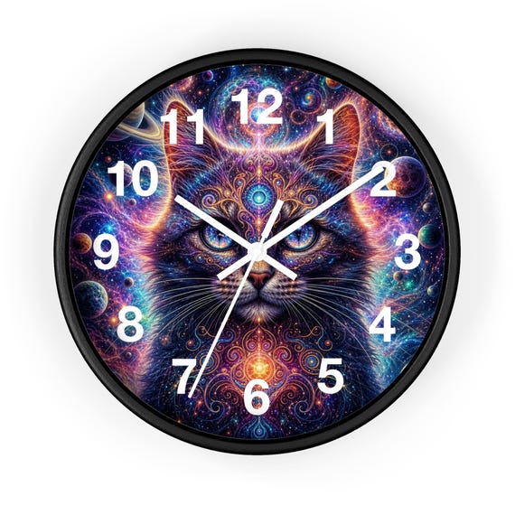Cosmic Cat Wall Clock: Psychedelic Mandala Feline Art, Jewel Toned Bohemian Galaxy Decor