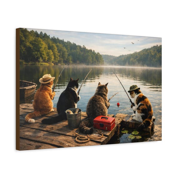 Cats Fishing on Lake Dock – Rustic Nature Wall Art (Stretched Canvas)