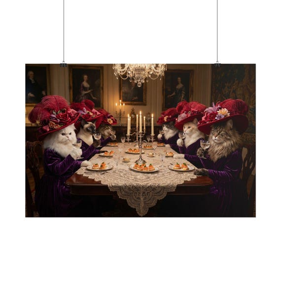 Victorian Cats Tea Party Rolled Poster | Vintage Style Cat Portrait Wall Art