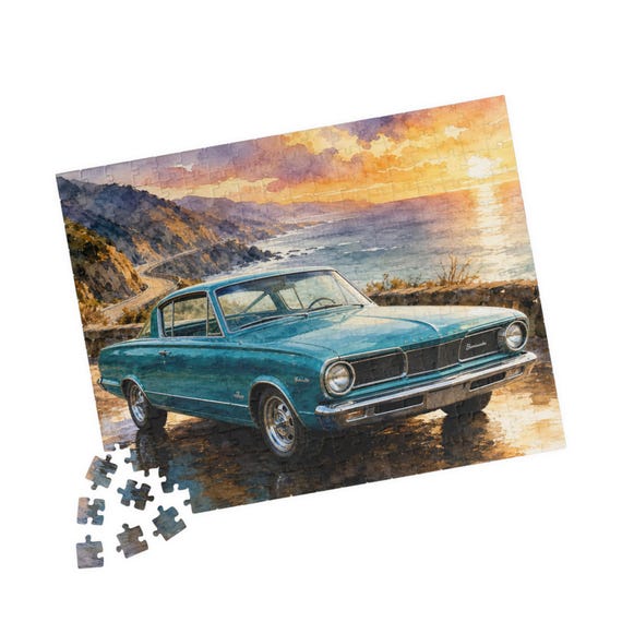 Vintage Teal Plymouth Barracuda Puzzle | Coastal Sunset Road Scene (110-520 Pieces)