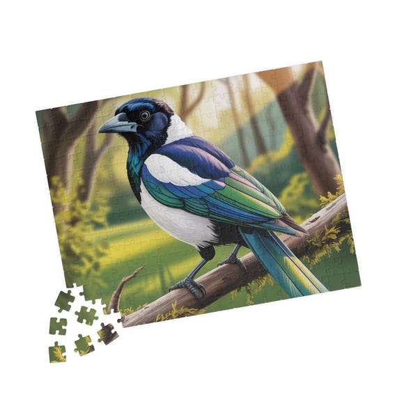 Colorful Eurasian Magpie Illustration Puzzle | Bird Jigsaw Puzzle 110 to 520 pieces