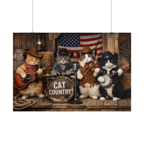 Country Cat Band Poster | Whimsical Feline Musicians Wall Art (Rolled Poster)