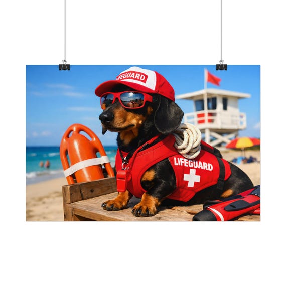 Lifeguard Dachshund Rolled Posters | Beach Dog Print Summer Decor | Fun Pet Lover Gift