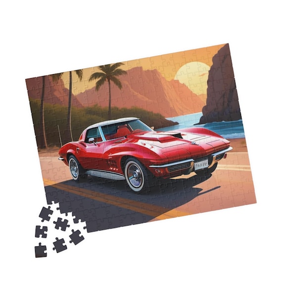 Red Corvette Sunset Road Puzzle | Vintage Sports Car Jigsaw, 110-520 Piece