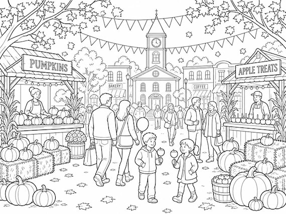 Fall Festival Coloring Page – Small Town Autumn Scene (Digital Download)
