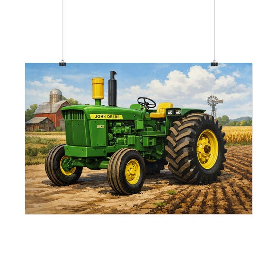 Green John Deere Tractor Poster | Vintage Farm Tractor Art, Rural Landscape