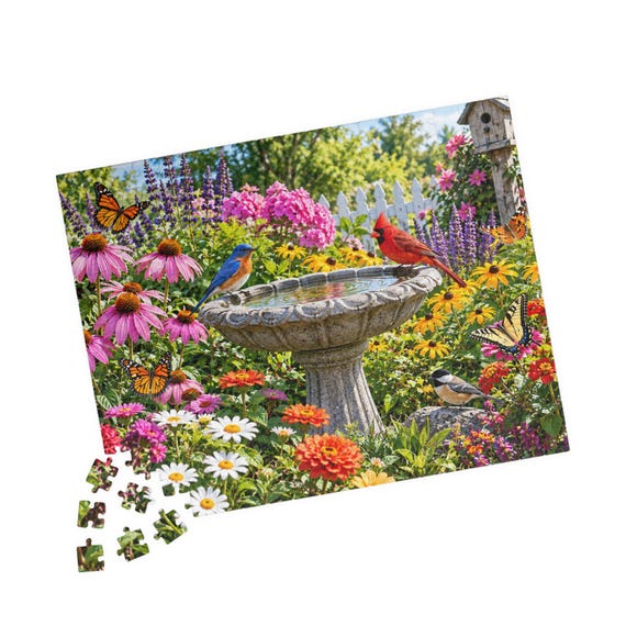 Garden Birds Birdbath Jigsaw Puzzle - Floral Scene Cardinals Butterflies