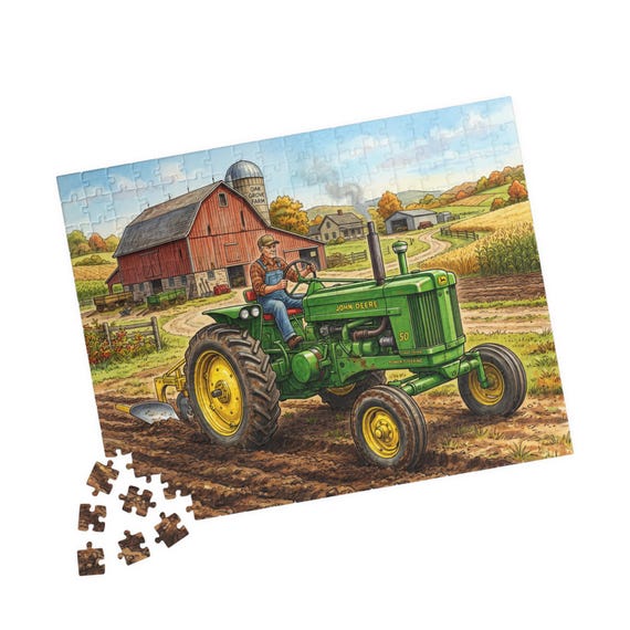Green John Deere Tractor on Farm Puzzle 520pc | Farmhouse Scene Jigsaw Puzzle