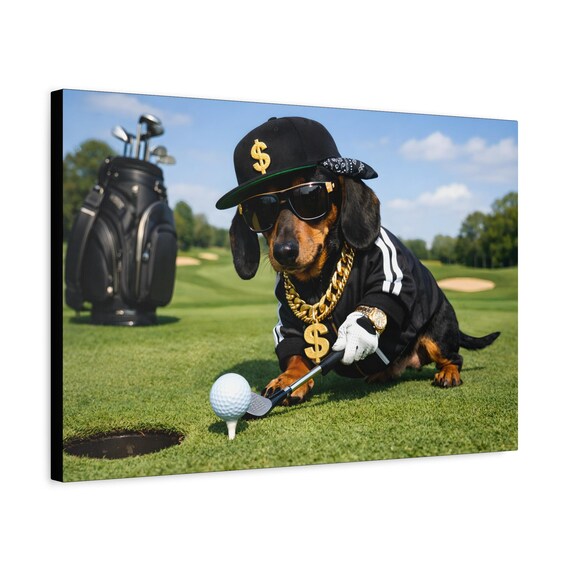 Dachshund Golfer Canvas Art | Bling Dog Golf Lover Wall Decor Ready to Hang