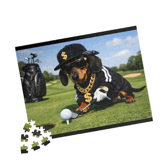 Dachshund Golfer Bling Puzzle | Hip Hop Golf Style Jigsaw 110-520 Piece Dog Lover Gift