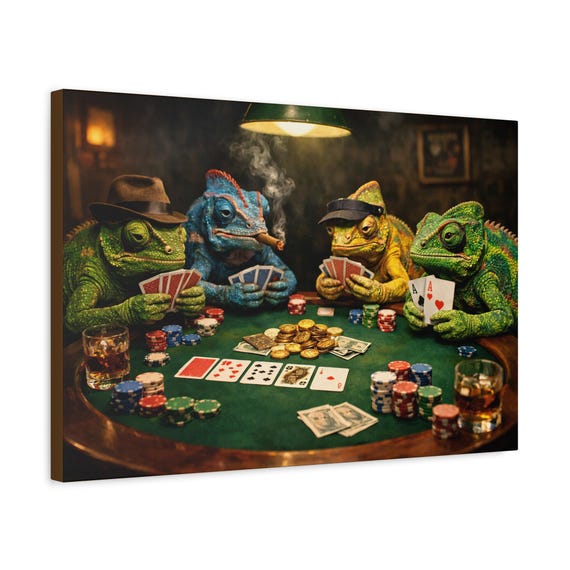 Chameleons Playing Poker Canvas Print | Framed Wall Art | Stretched, Ready to Hang