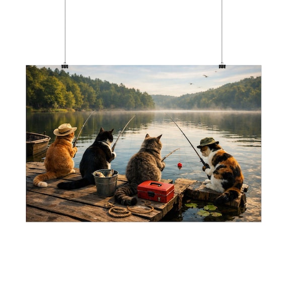 Cats Fishing at Lake Rolled Poster | Scenic Animal Print, Dock Sunset Wall Art