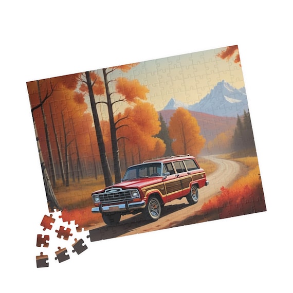 Vintage Jeep Grand Wagoneer Autumn Forest Puzzle | Scenic Mountain Road Jigsaw