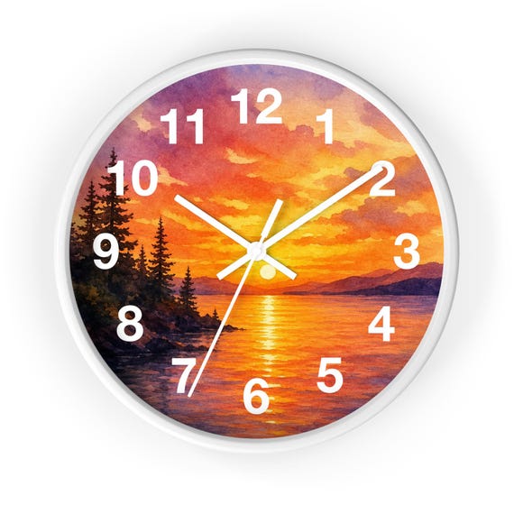 Sunset Lake Scene Wall Clock | Pine Trees, Orange Sky, Nautical Home Decor