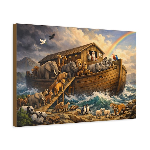 Noah's Ark Animals Matte Canvas | Stretched Wall Art, Rainbow Scene | Ready to Hang