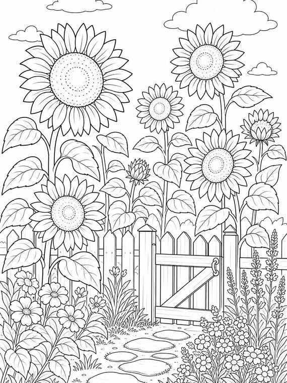Sunflower Garden Coloring Page | Floral Art, Relaxing Activity (Digital Download)