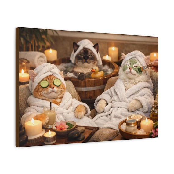 Cats at Spa Matte Canvas Print – Funny Pampered Pet Bathroom Wall Art