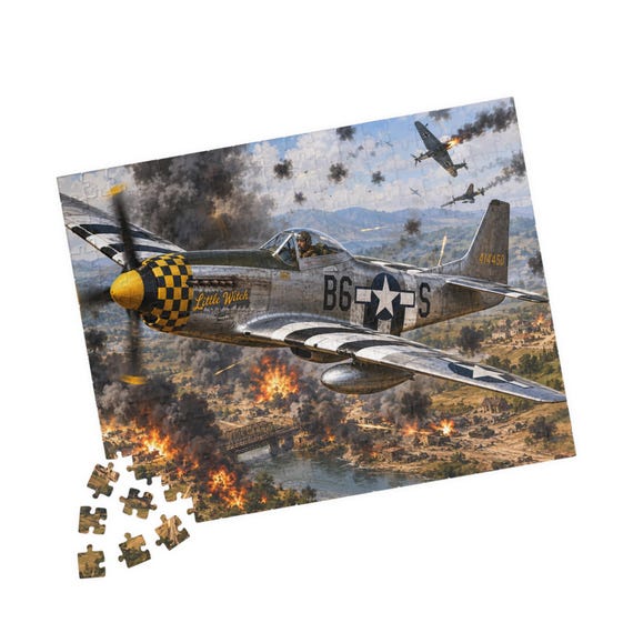 Vintage Plane WWII P-51 Mustang Airplane Puzzle, Historical Aviation Jigsaw