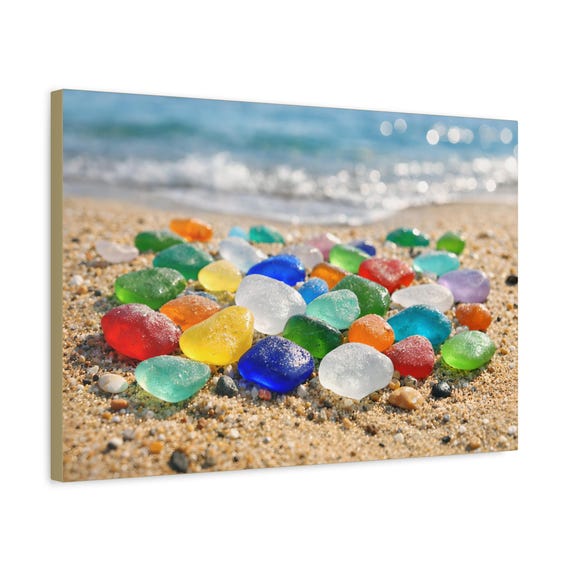 Colorful Sea Glass Beach Canvas Wall Art - Stretched, Framed, Ready to Hang Coastal Decor