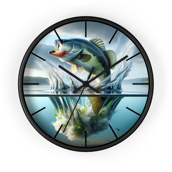 Rustic Fishing Adventure Wall Clock: Unique Angler Gift, Wildlife Decor, Bass Theme Home Office Accent