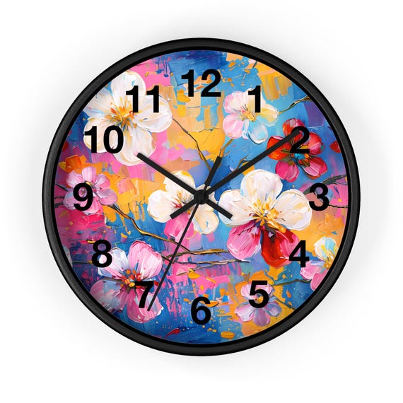 Floral Wall Clock – Vibrant Blossom Art, Wood Frame, Plexiglass Face (10" x 10")