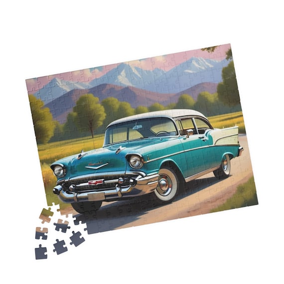 Vintage Turquoise 1957 Chevy Bela Air Car Puzzle 110- 520 Piece | Classic Roadside Scene