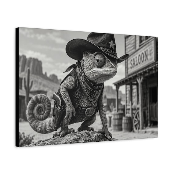 Western Cowboy Chameleon Canvas - Black & White Desert Saloon Art