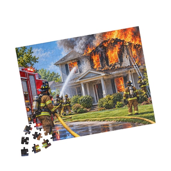 Firefighter Puzzle, House Fire Jigsaw, 110, 252, or 520 Chipboard Pieces