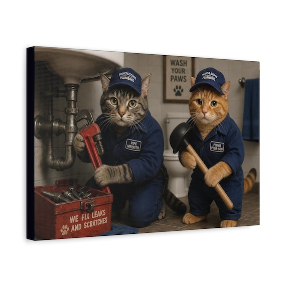 Humorous Cat Plumbers Canvas Print | Whimsical Feline Wall Art, Home Decor