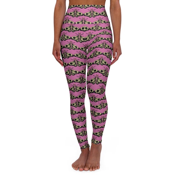Unique Pink Yoga Leggings: High-Waisted Activewear with Vibrant Moth Design for Women's Fitness & Style