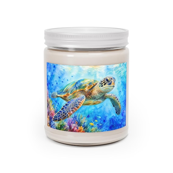 Sea Turtle Watercolor Soy Candle 9oz with White Lid - Coastal Beach Decor Gift