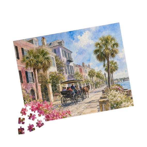 Historic Waterfront Street Scene Jigsaw Puzzle | 110-520 Piece Coastal Charleston Art