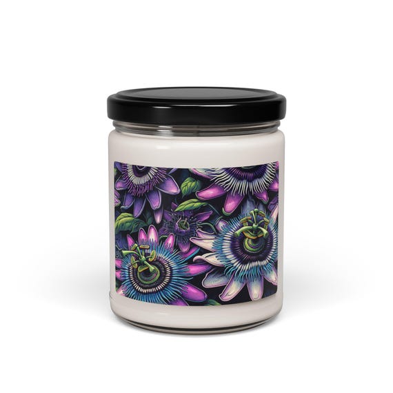9oz Soy Wax Candle with Stunning Purple Passion Flower Design - Single Cotton Wick, Comes in 6 Unique Scents