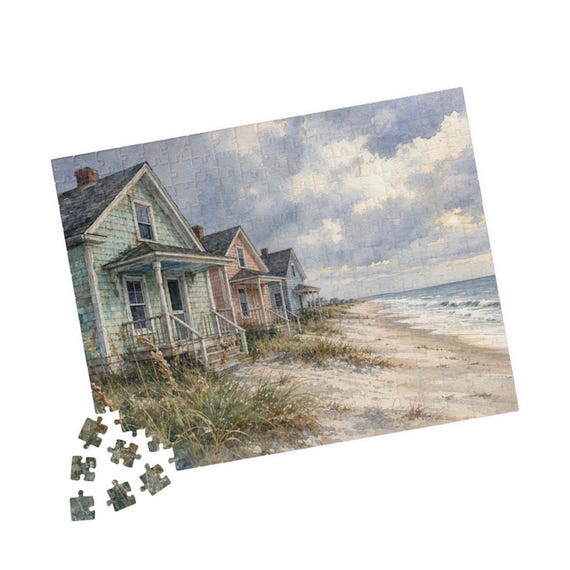 Coastal Beach Cottages Jigsaw Puzzle – Pastel Seaside Landscape Art (110/252/520 Pieces)