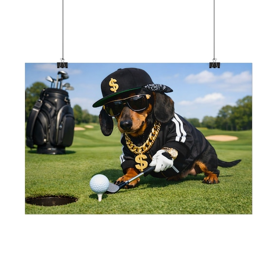 Dachshund Golfer Poster | Funny Dog Golf Art, Bling Print (Rolled Poster)