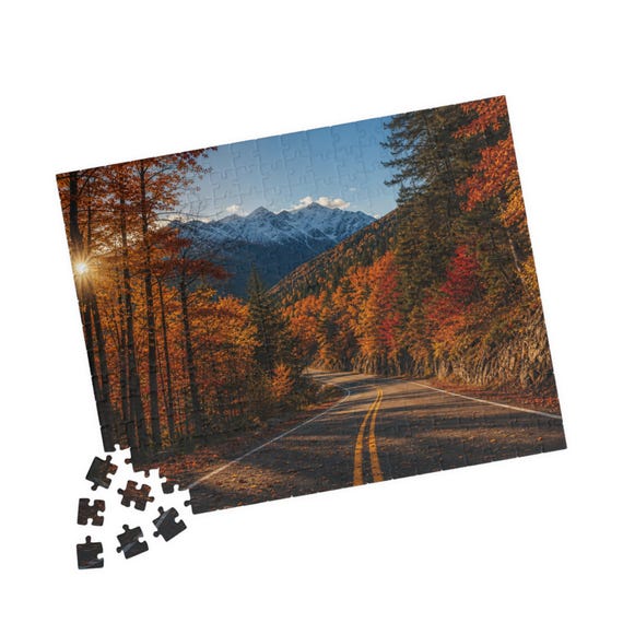 Autumn Mountain Road Jigsaw Puzzle – Scenic Fall Landscape (110-520 Pieces)