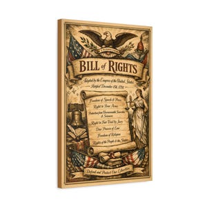 Könnte beinhalten: Gerahmter Druck der Bill of Rights mit einem Adler, Flaggen und einer Schriftrolle mit Text. Der Text enthält "Freiheit der Rede & der Presse" und "Verteidigen und schützen Sie unsere Freiheiten".