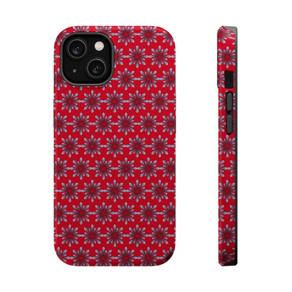Red Magnetic iPhone Case with Blue Floral Pattern - Durable Protection for Apple Smartphones