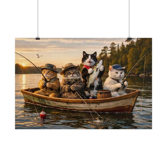 Cats Fishing in Boat Poster | Whimsical Lake Scene, Sunset Angling Art