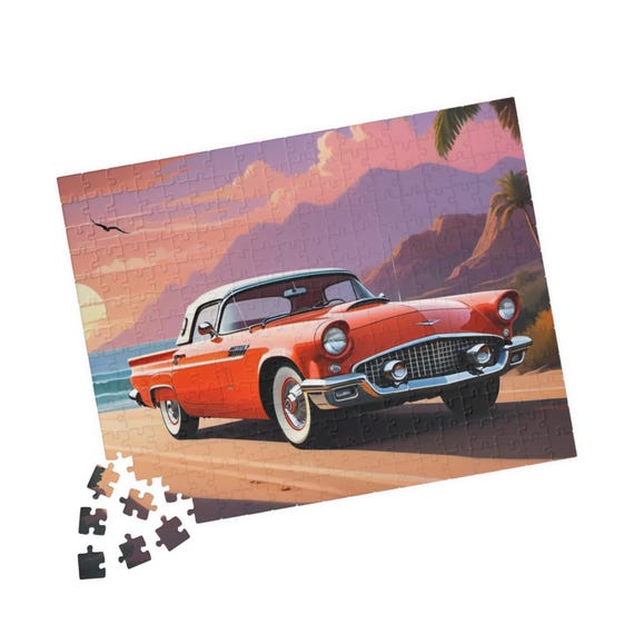 Vintage 1957 Ford Thunderbird Beach Sunset Jigsaw Puzzle 110-520 Piece Classic Car Retro Gift