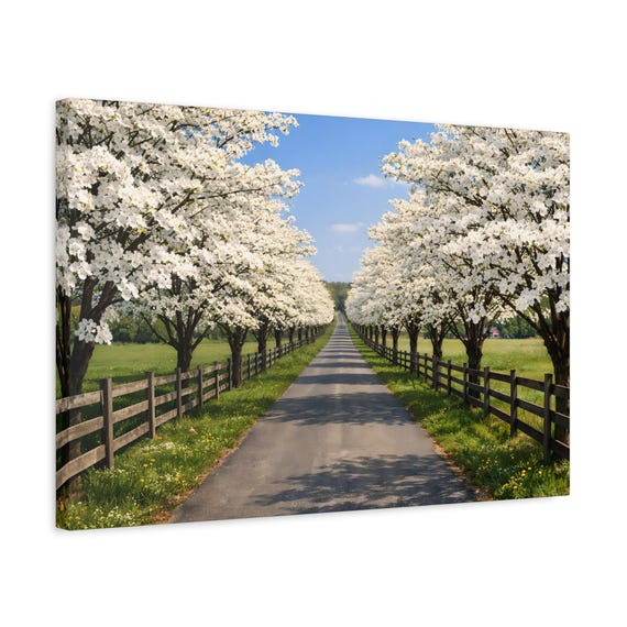 Blooming Orchard Road Canvas Print | Country Scene Wall Art | Framed Stretched Ready to Hang