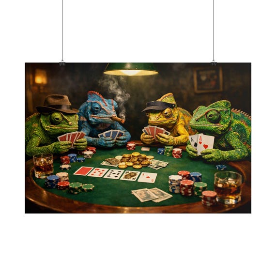 Chameleons Playing Poker Rolled Poster | Poker Night Wall Art, Humorous Animal Print