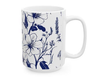 白と青の花柄マグカップ | 陶器製コーヒーカップ - Etsy 日本
