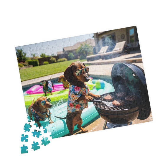 Dachshund Pool BBQ Jigsaw Puzzle – Summer Dogs Family Game (520 Piece)