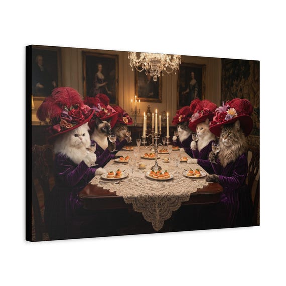Cats at a Red Hat Dinner Canvas Print | Framed, Stretched, Ready to Hang Home Decor