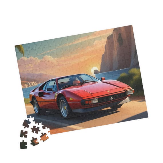Red Ferrari Sports Car Coastal Sunset Puzzle | 110-520 Piece Jigsaw