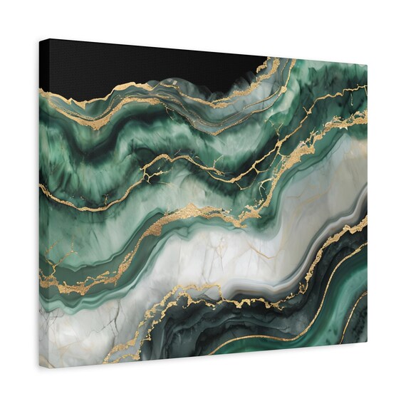 Green and Gold Abstract Marbled Canvas Art - Modern Home Decor